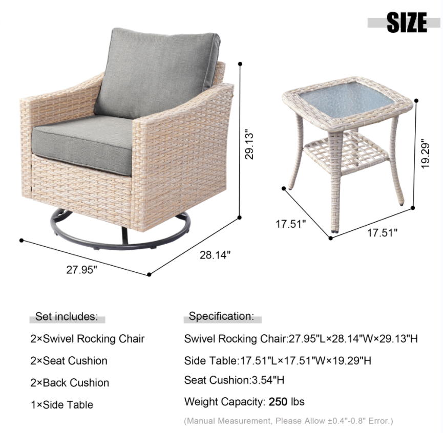 3 Pieces Patio Wicker Swivel Chairs with Cushions and Glass Top Table B79287