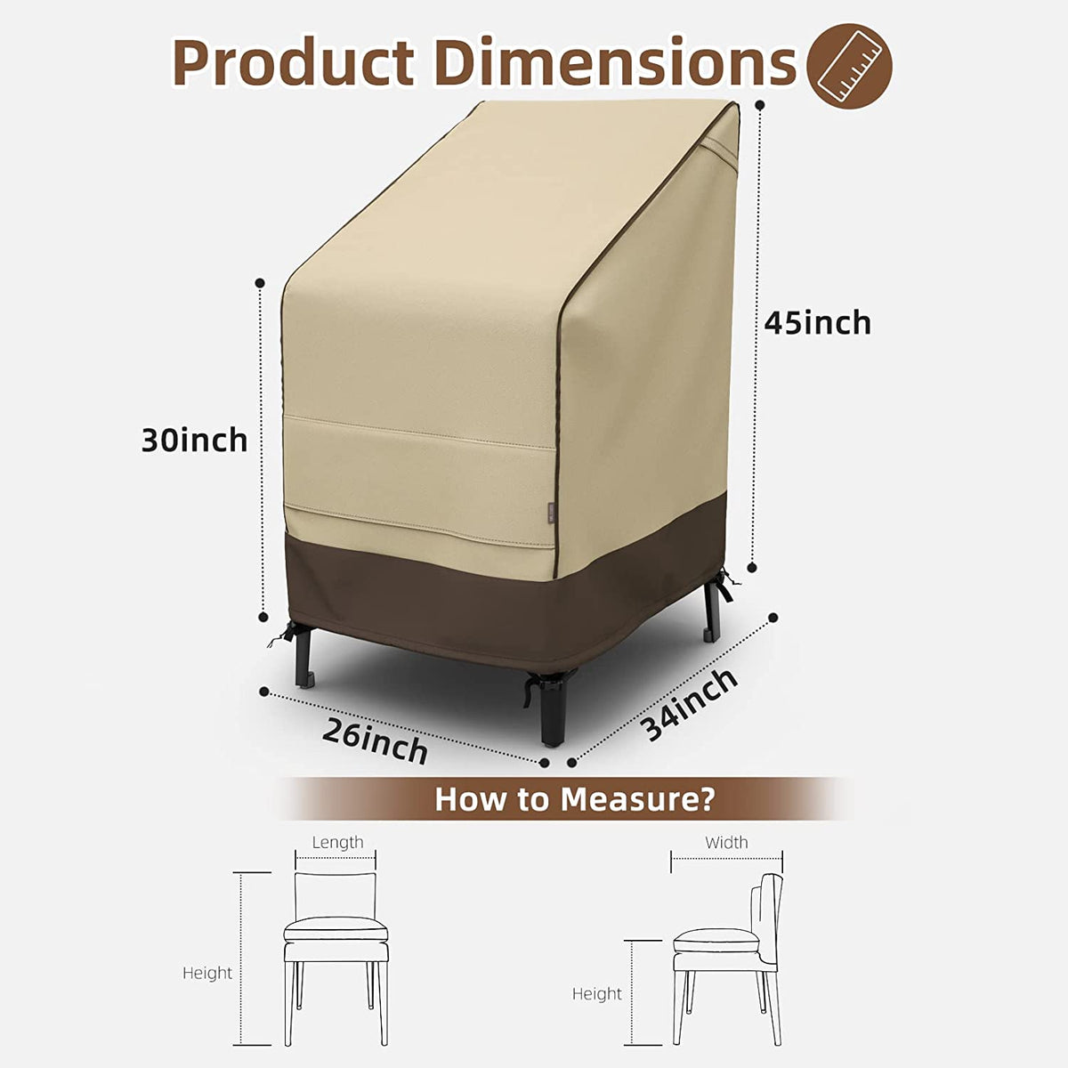 45" Patio Stacked Chair Cover, 600D Oxford Fabric Waterproof with Straps, Large Air Vents, Brown & Khaki R9337