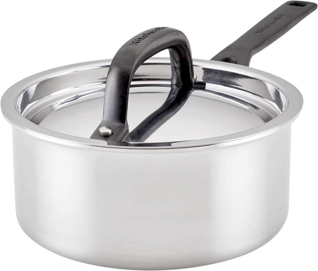 5-Ply Clad Polished Stainless Steel Saucepan with Lid, 3 Quart D509