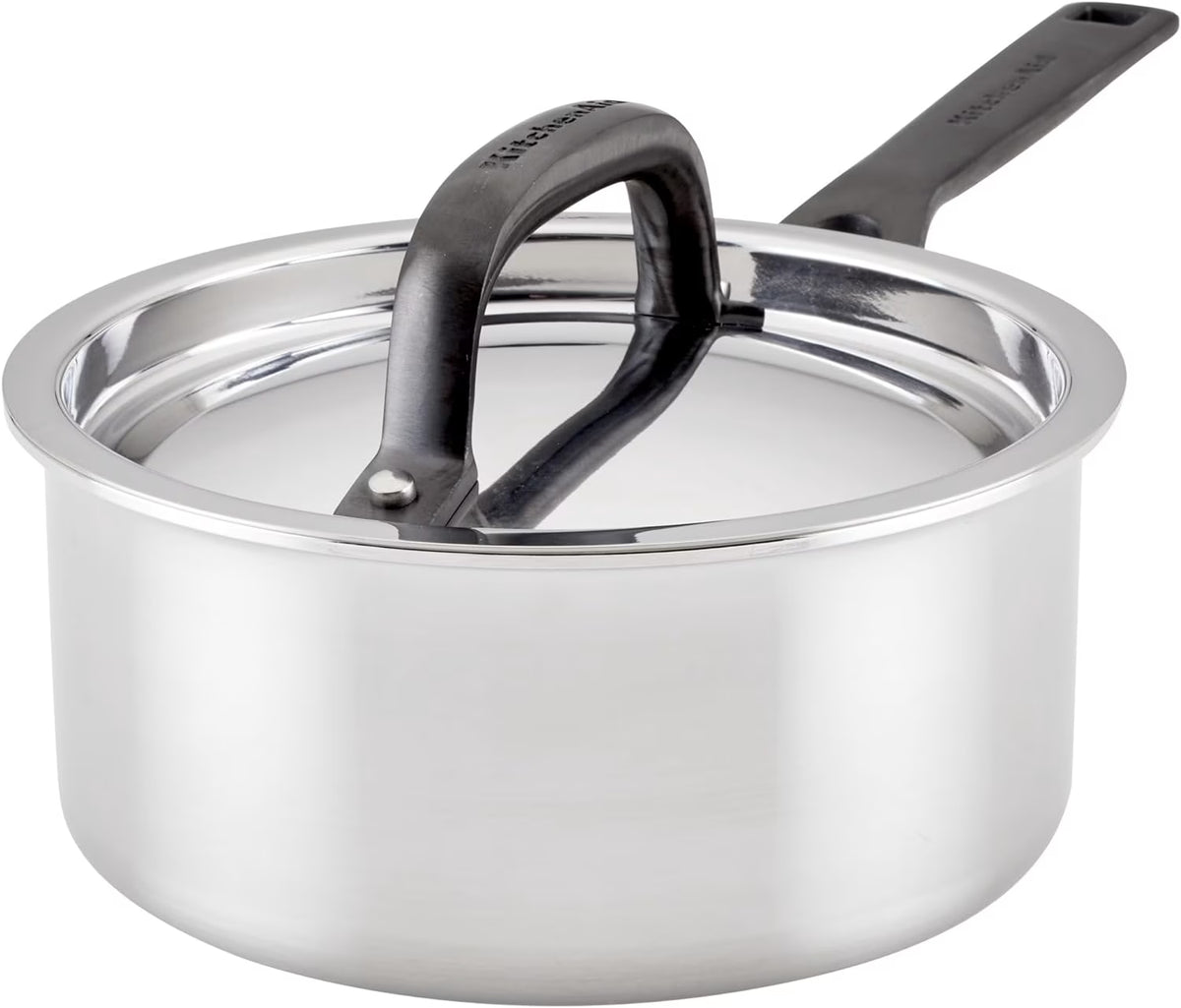 5-Ply Clad Polished Stainless Steel Saucepan with Lid, 3 Quart D509