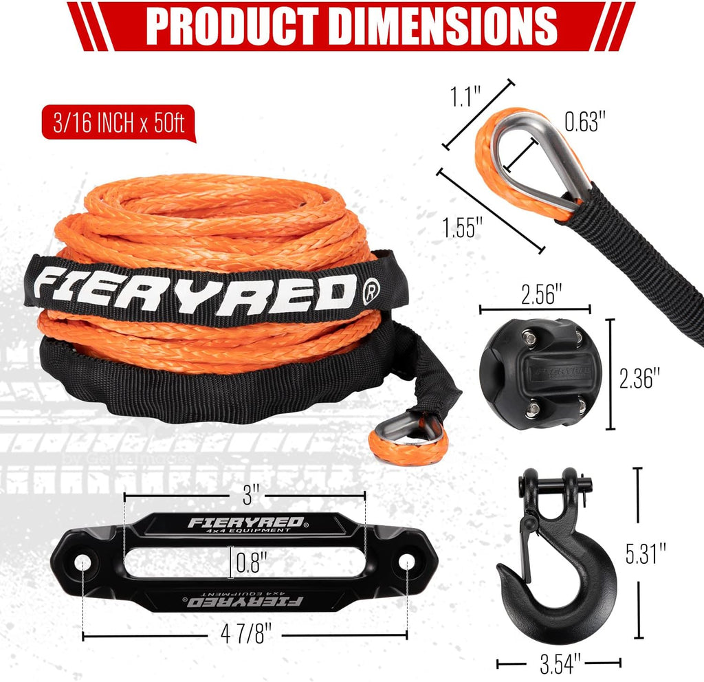 Orange 50FT Synthetic Winch Rope Cable Kit with Forged Hook Fairleads L35699