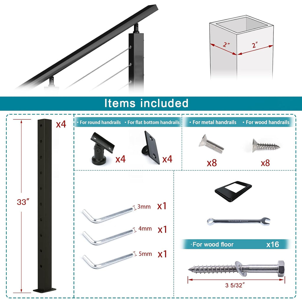 Black 30 Degree Stair Pre-Drilled Angle Holes 36x2x2 Stainless Steel Square Weldless Cable Railing Post W227866