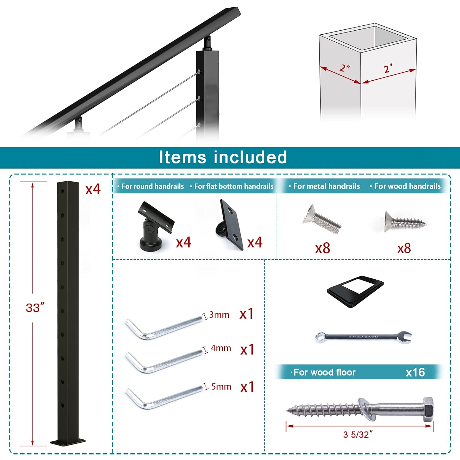 Black 30 Degree Stair Pre-Drilled Angle Holes 36x2x2 Stainless Steel Square Weldless Cable Railing Post W227866