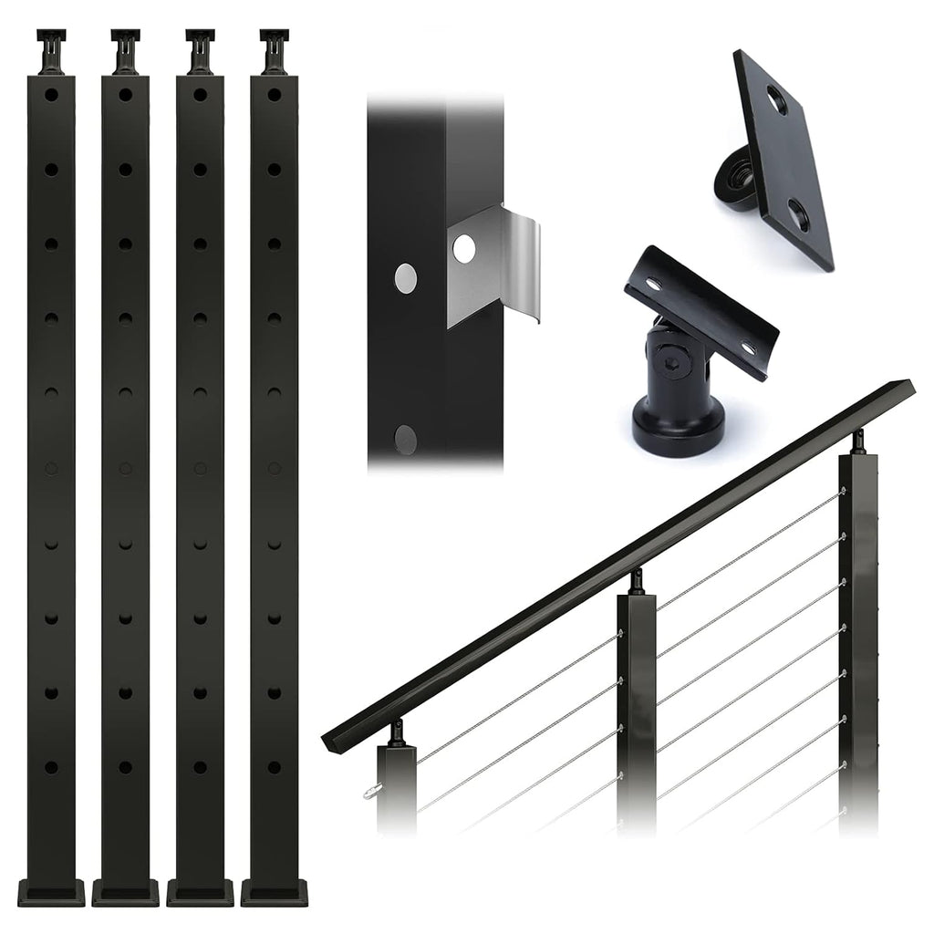 Black 30 Degree Stair Pre-Drilled Angle Holes 36x2x2 Stainless Steel Square Weldless Cable Railing Post W227866