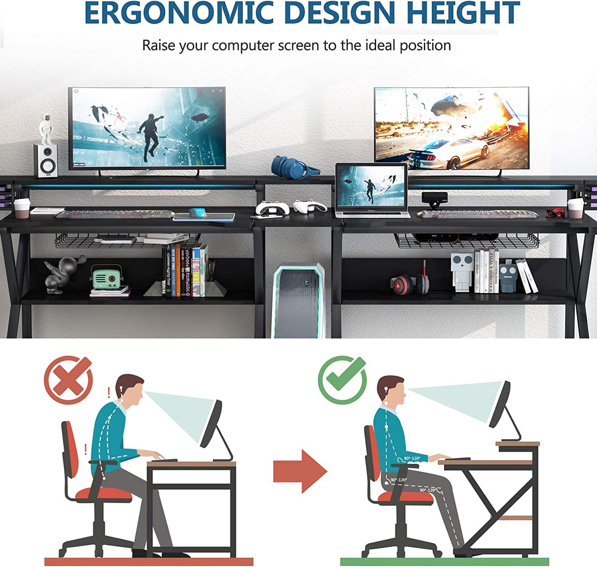 Double Gaming Desk with Hutch Monitor Stand Riser, 102-Inch Two Person Computer Desk with Storage Bookshelf B4359