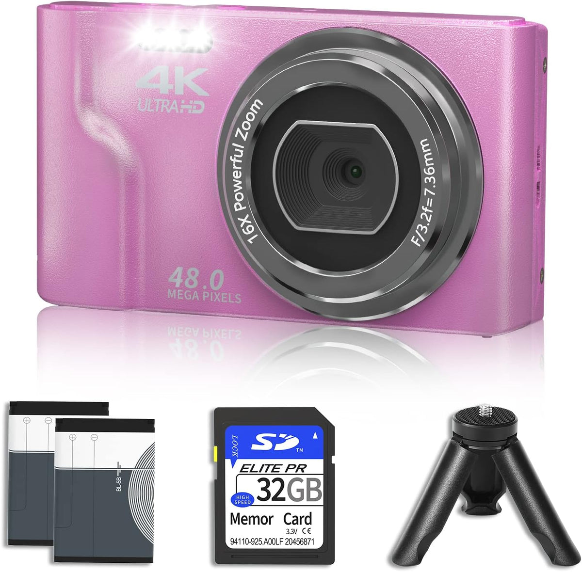4K 48MP Mini Digital Camera with 2 Batteries, 32GB SD Card, Tripod, Black, Pack of 2 G835