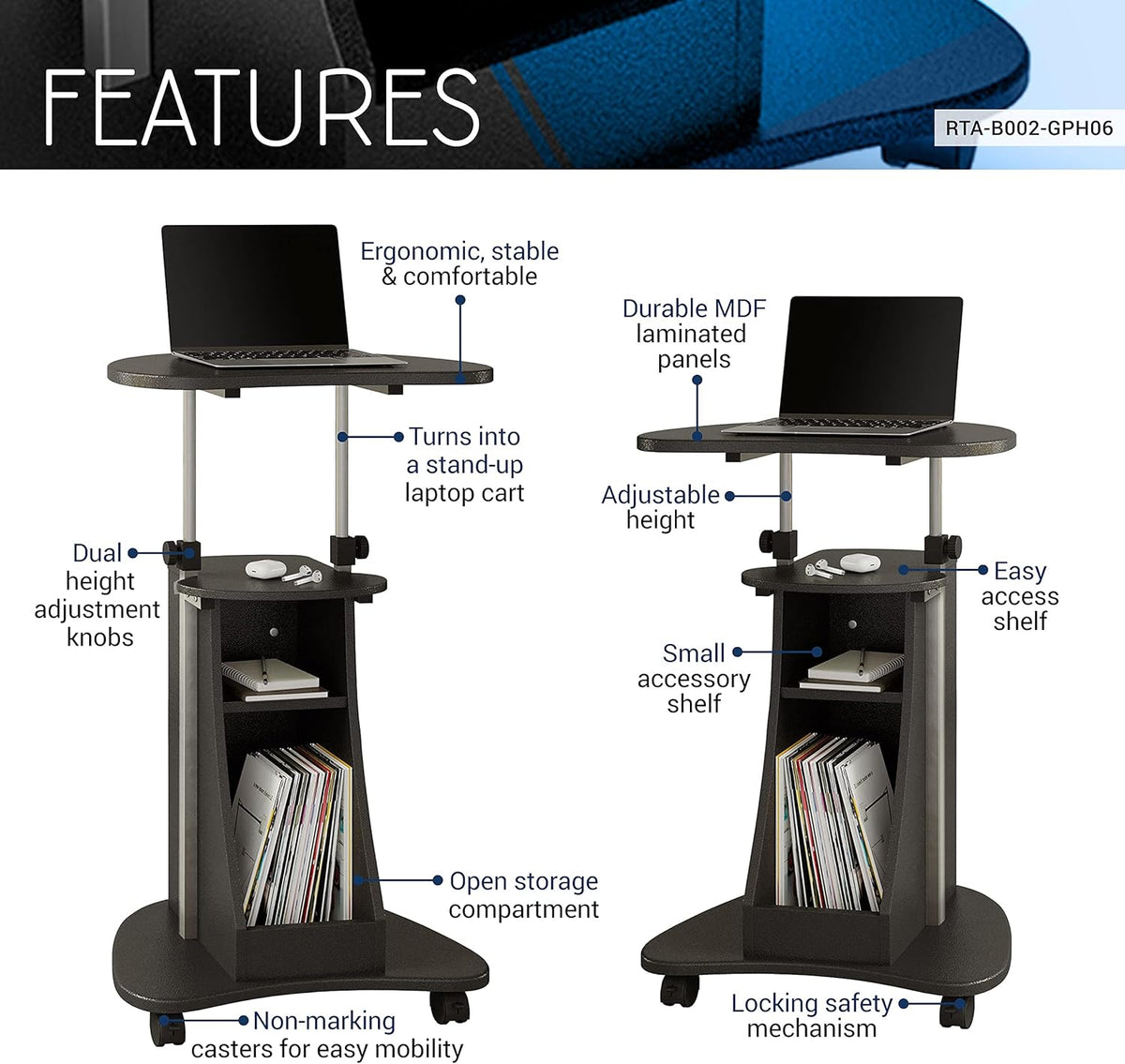 Graphite Rolling Adjustable Height Laptop Cart with Storage I667