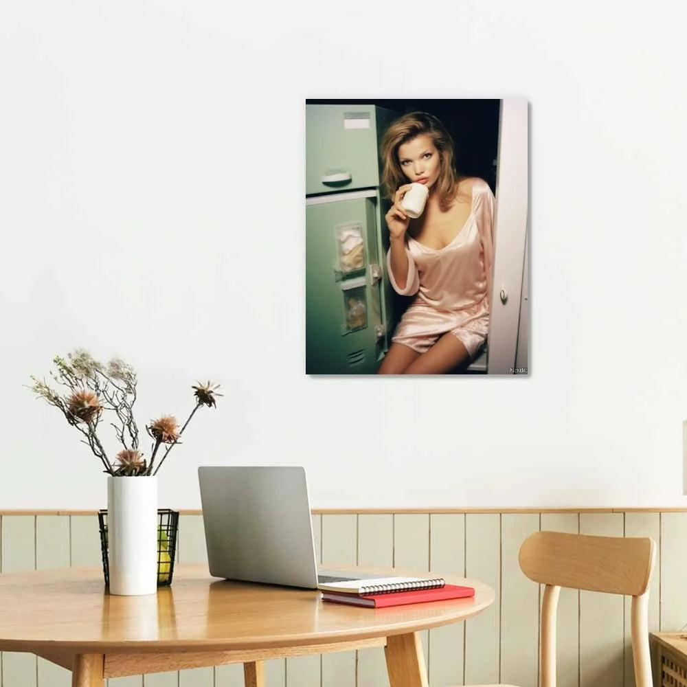 Kate Moss Kneeling in Front of Fridge with Milk Bottle Wall Art Poster Canvas Painting X825944