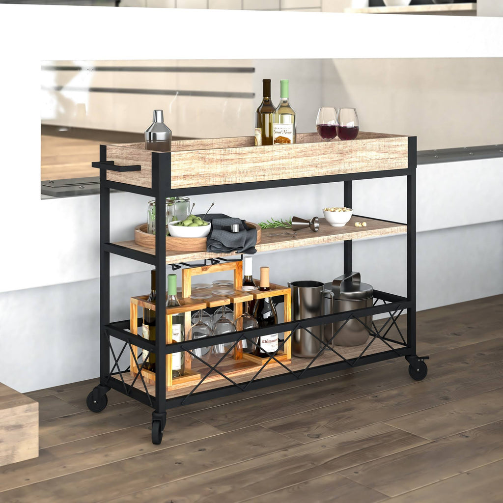 Light Oak Wood Kitchen Bar Cart with Stemware Rack and Locking Casters I6458