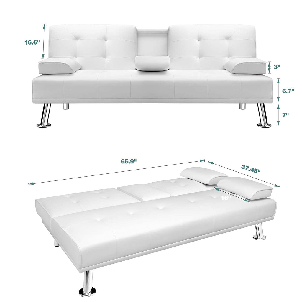 White Faux Leather Sofa Bed with Cup Holders K70293