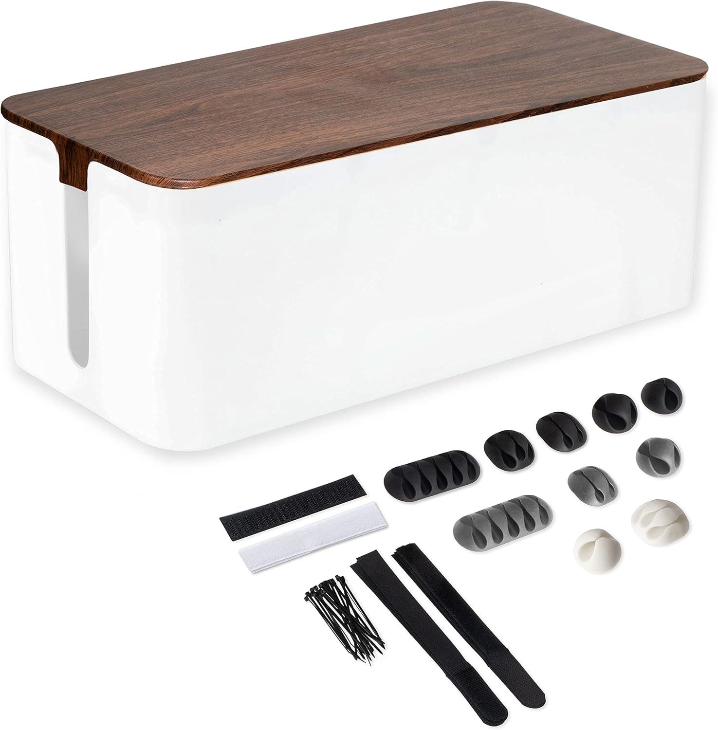Cable Management Box with Dark Wood Top and White Cord Organizer W114