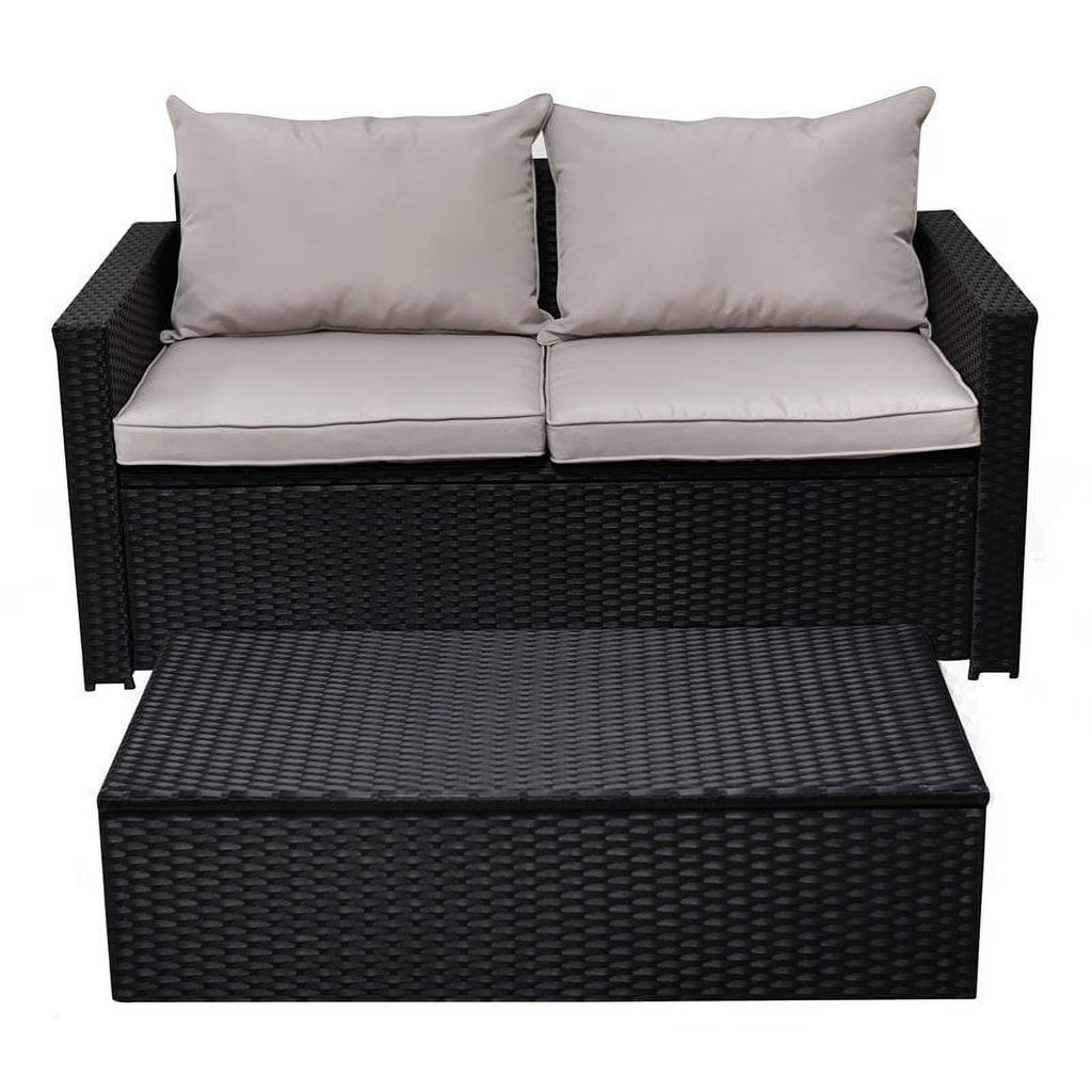 Black Wicker Outdoor Storage Sofa and Coffee Table L981473