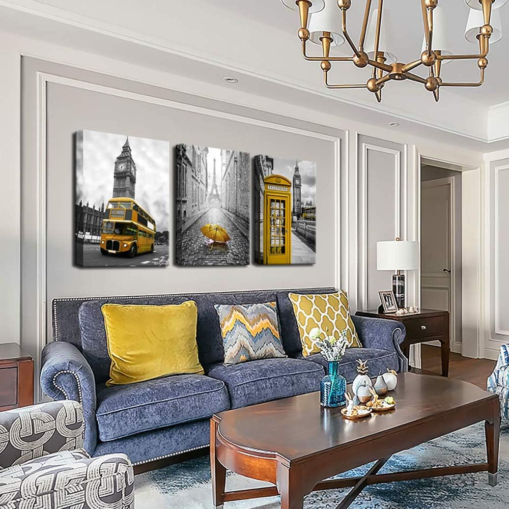 3 Panel City Wall Art Paris Eiffel Tower London Big Ben Canvas Black and Yellow Artwork X148634