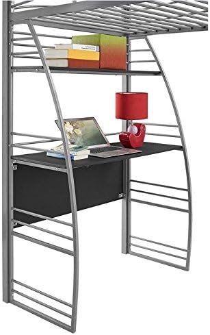 Gray Metal Frame Twin Loft Bed with Desk and Bookcase J7309
