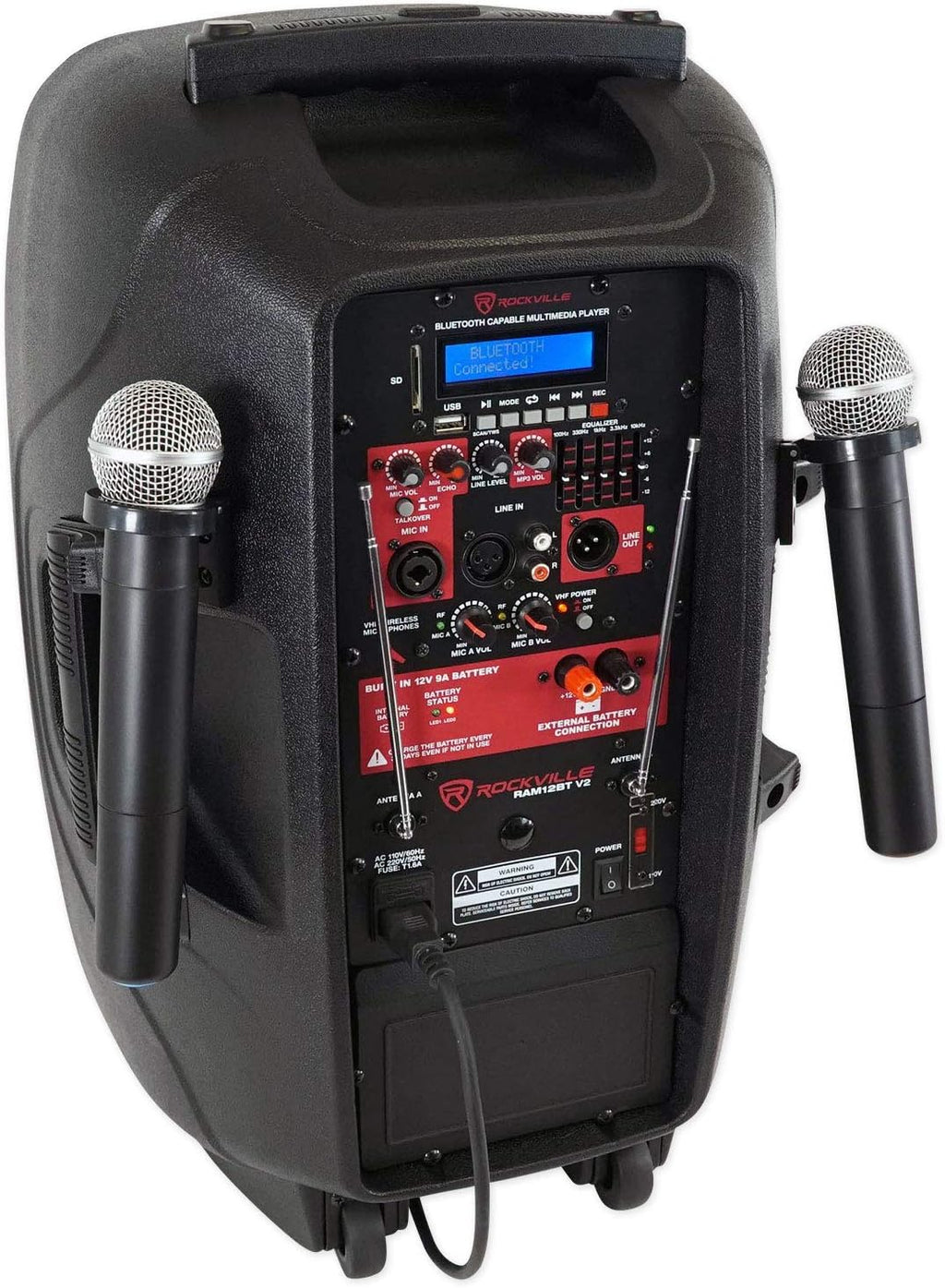 12" Rechargeable Powered 600W PA Speaker with 2 Mics and Bluetooth K5975