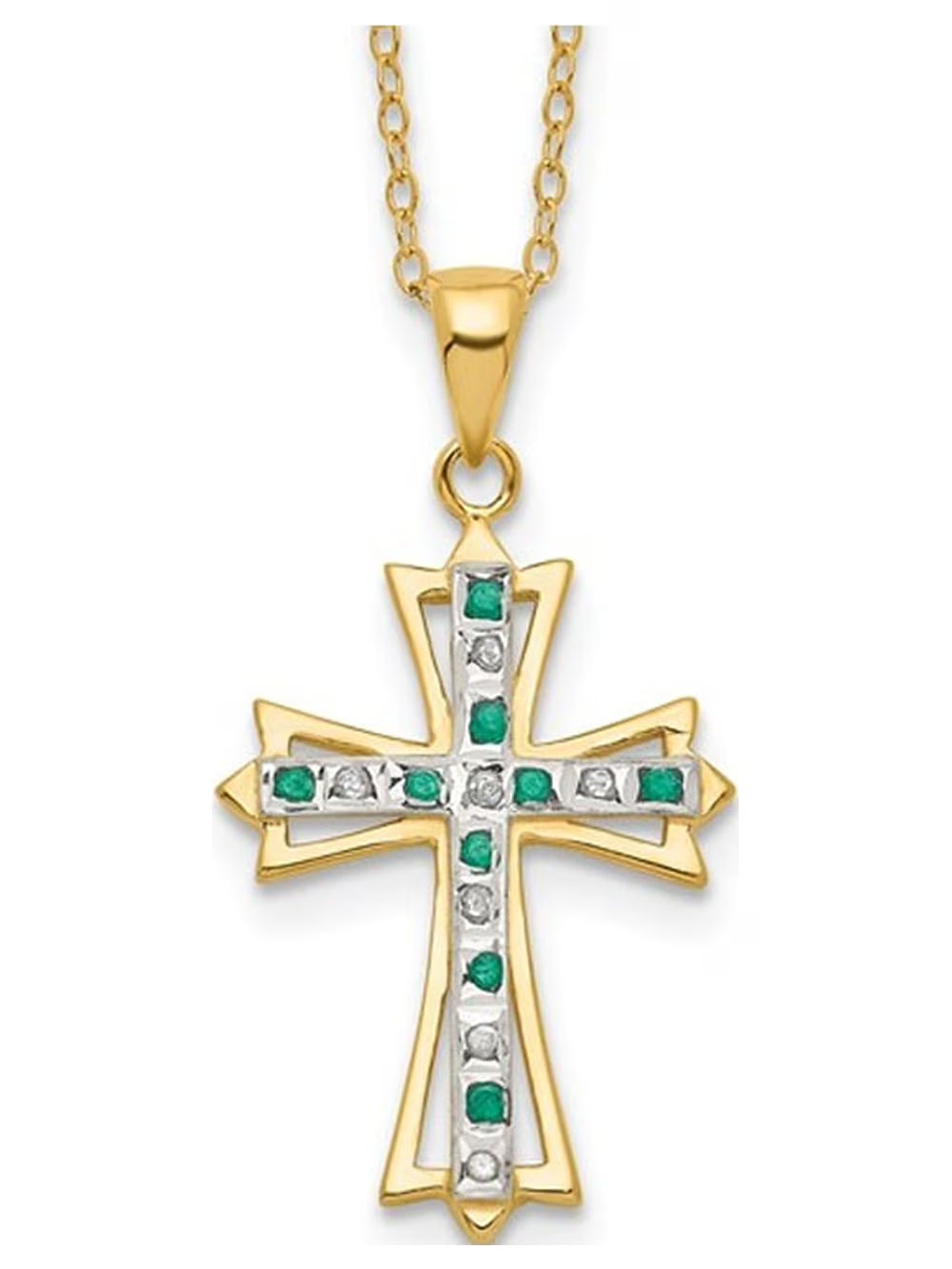Emerald and Diamond Cross Pendant Necklace in Sterling Silver with Yellow Gold Plating and Chain H887101