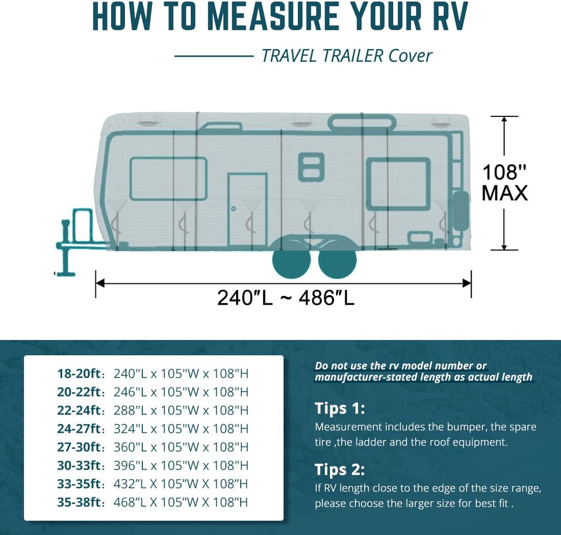Extra-Thick 5 Layers Anti-UV Travel Trailer RV Cover with 2 Straps & 4 Tire Covers D82338
