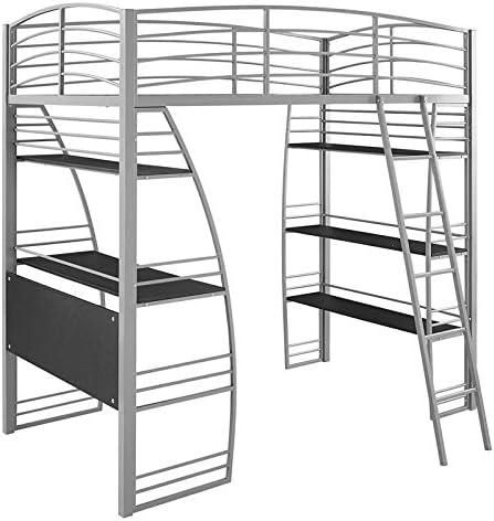 Gray Metal Frame Twin Loft Bed with Desk and Bookcase J7309