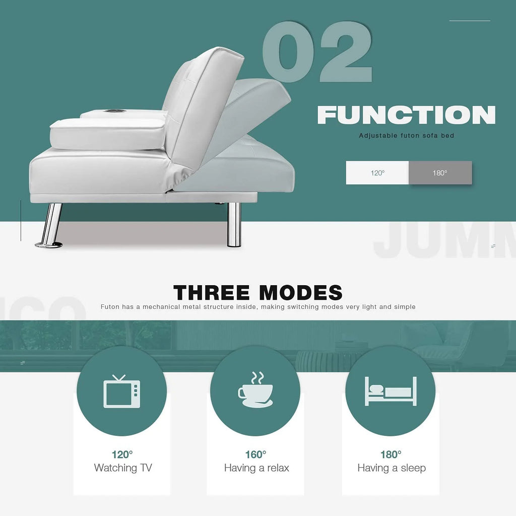 White Faux Leather Sofa Bed with Cup Holders K70293