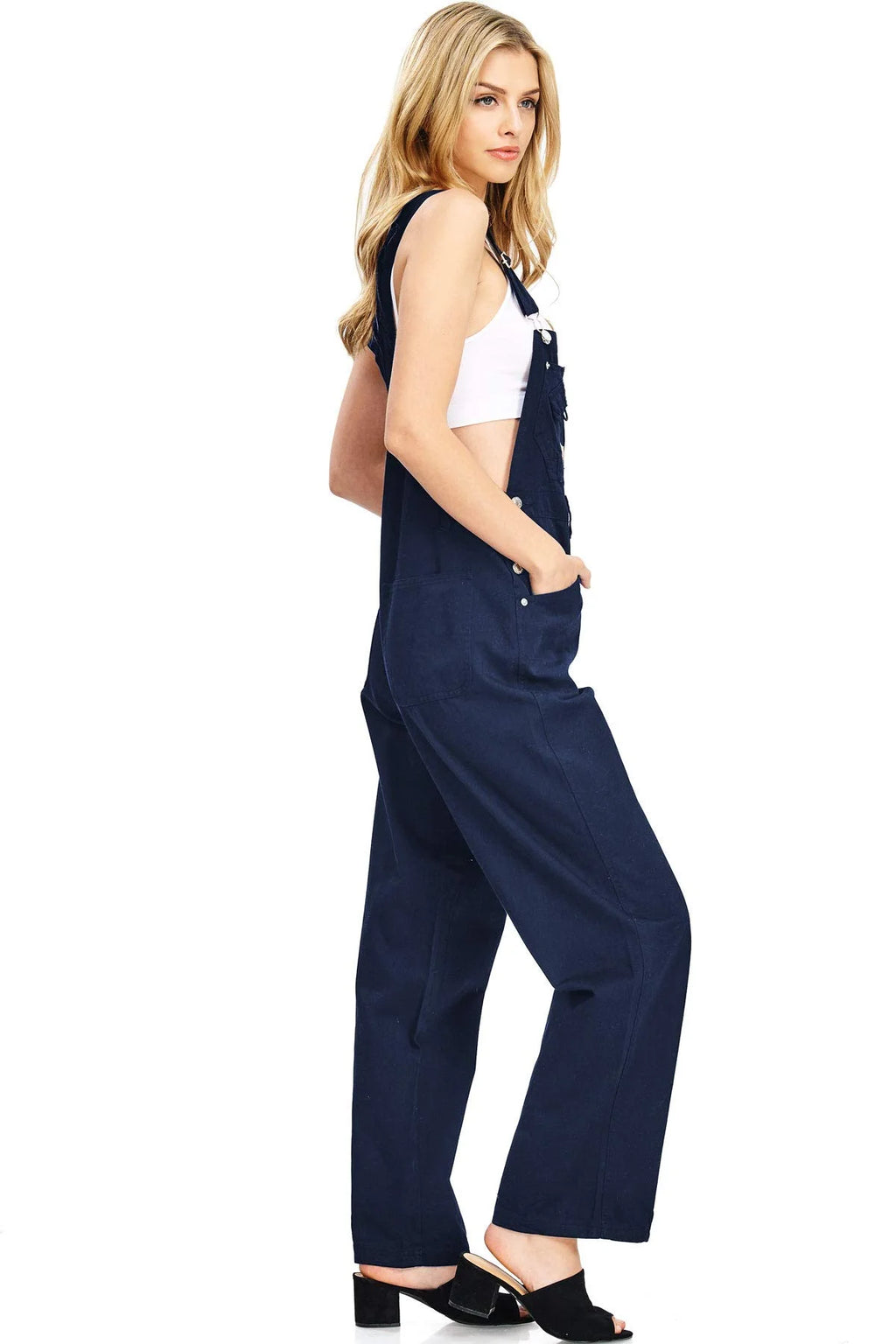 Navy Blue Baggy Straight Leg Twill Overalls Q11271