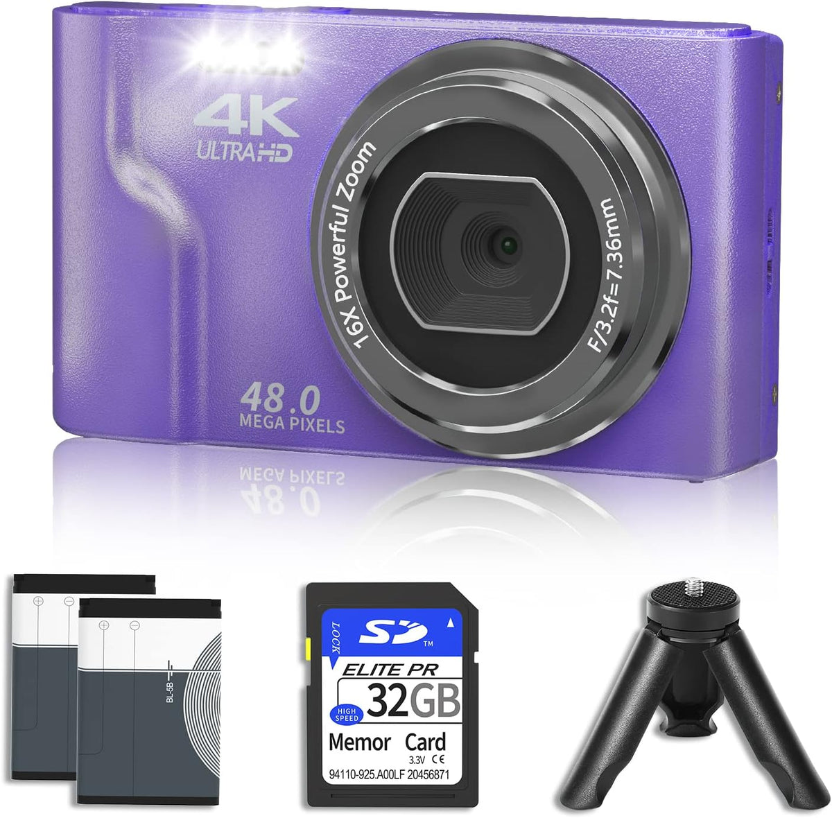 4K 48MP Mini Digital Camera with 2 Batteries, 32GB SD Card, Tripod, Black, Pack of 2 G835