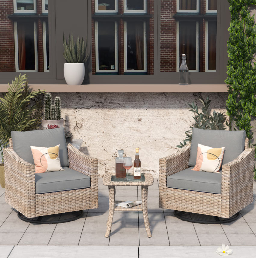 3 Pieces Patio Wicker Swivel Chairs with Cushions and Glass Top Table B79287