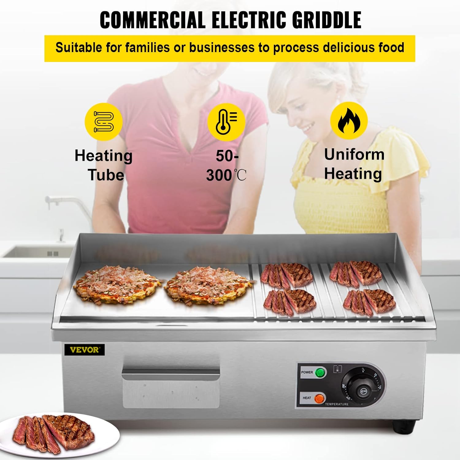 22" Commercial Electric Griddle, 1600W Flat Top Grill, Stainless Steel Countertop Griddle with Drip Hole E11477