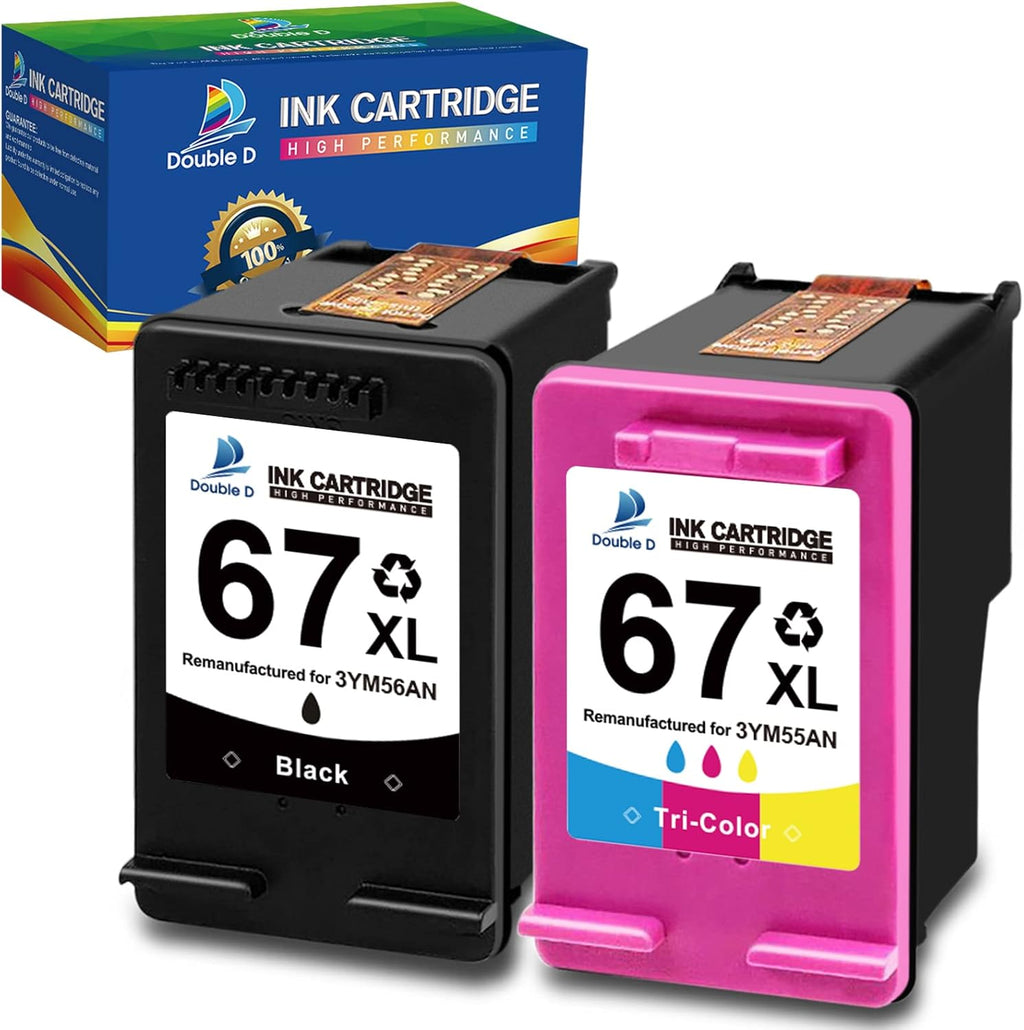 Remanufactured Ink Cartridge Pack of 2 (1 Black 1 Tri-Color) for HP 67 67XL Printer D8348