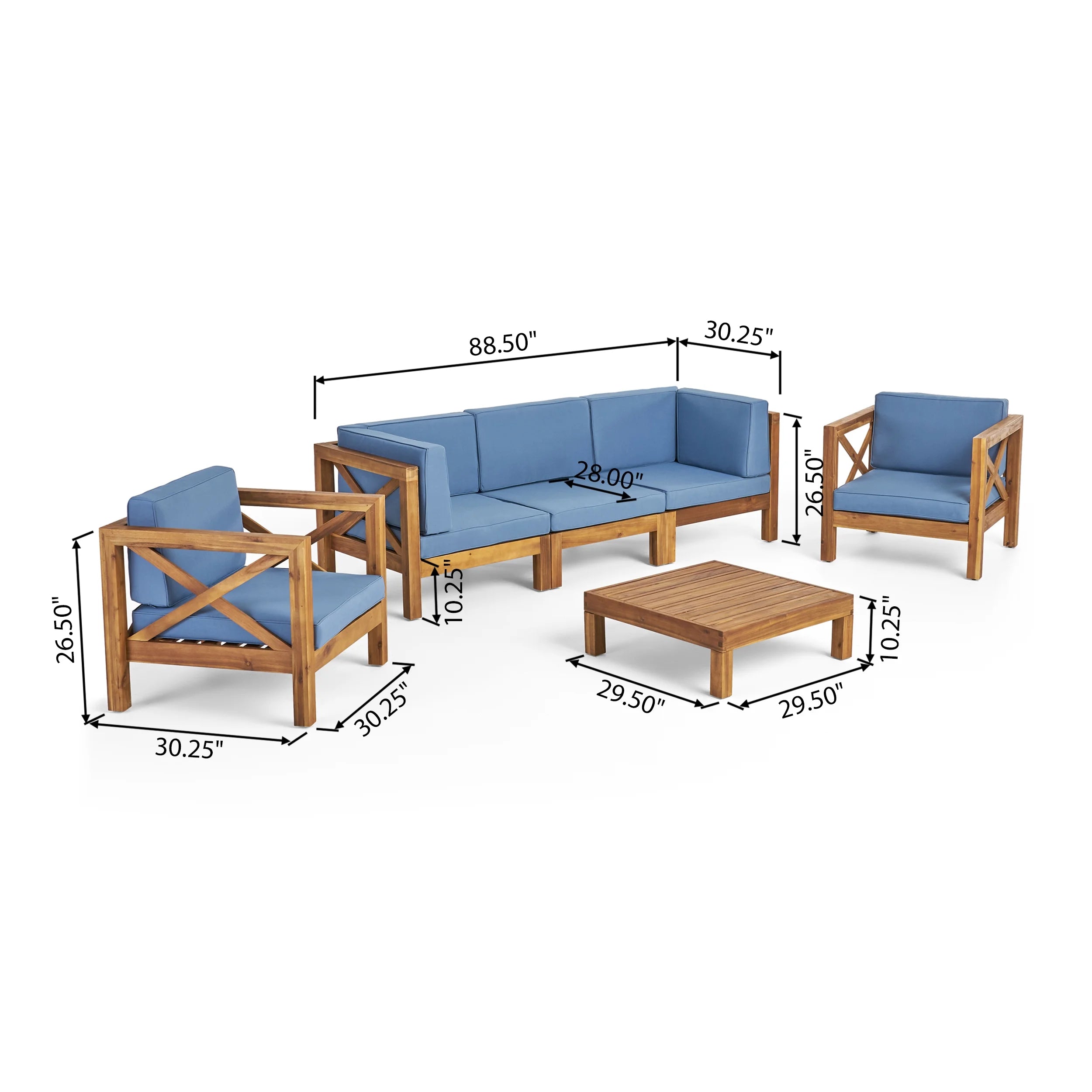 Teak and Blue Acacia Wood 5 Seater Sofa Chat Set X61835