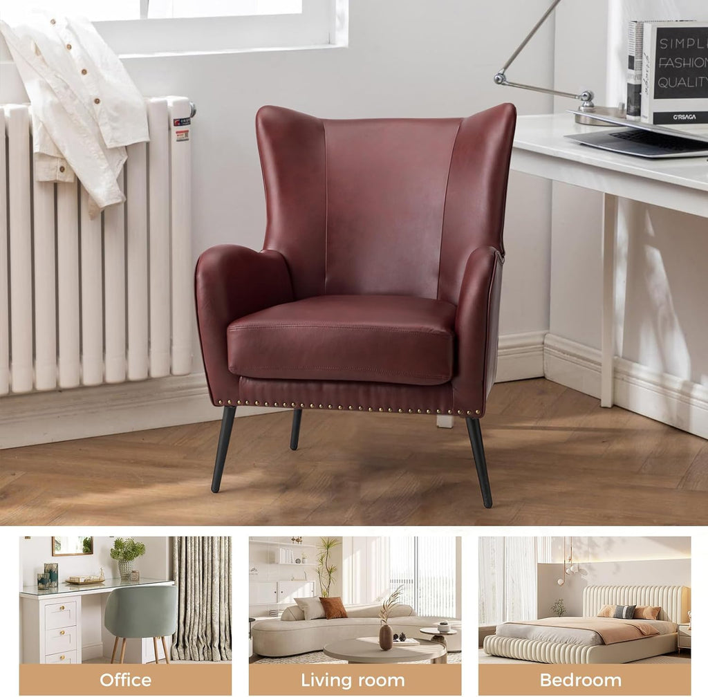 Burgundy Faux Leather Accent Chair Set of 2 with Removable Cushion G3074