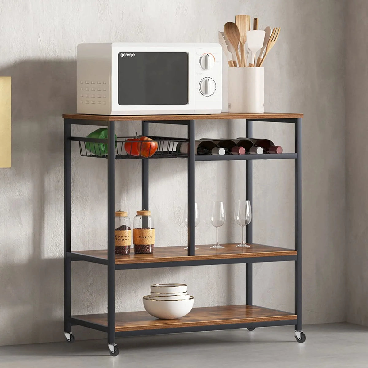 Black 3-Tier Baker's Rack Utility Shelf with Storage and Drawer E839564