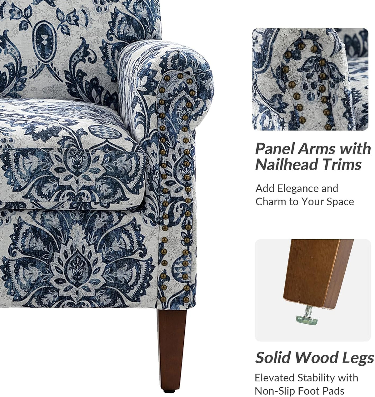 Navy Accent Chair with Wood Legs and Removable Cushion H8112