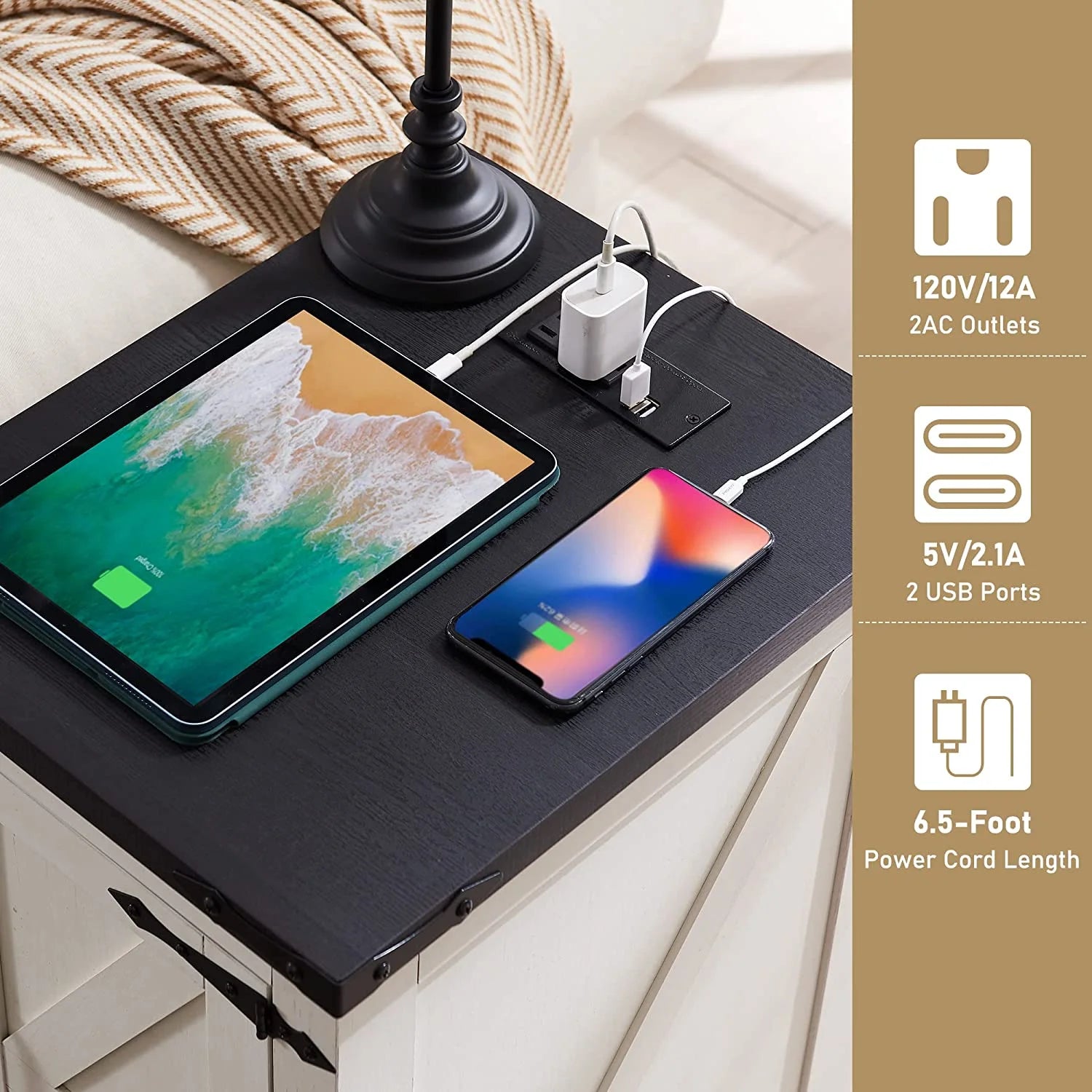 White Farmhouse Wood Nightstand with Charging Station Z30724