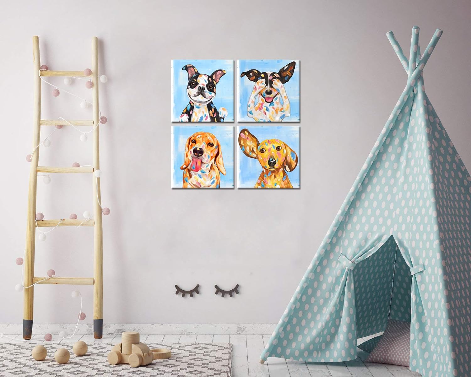 Abstract Puppy Artwork Dog Painting Canvas Gallery Wrapped 12x12inch 4 Panel A8268