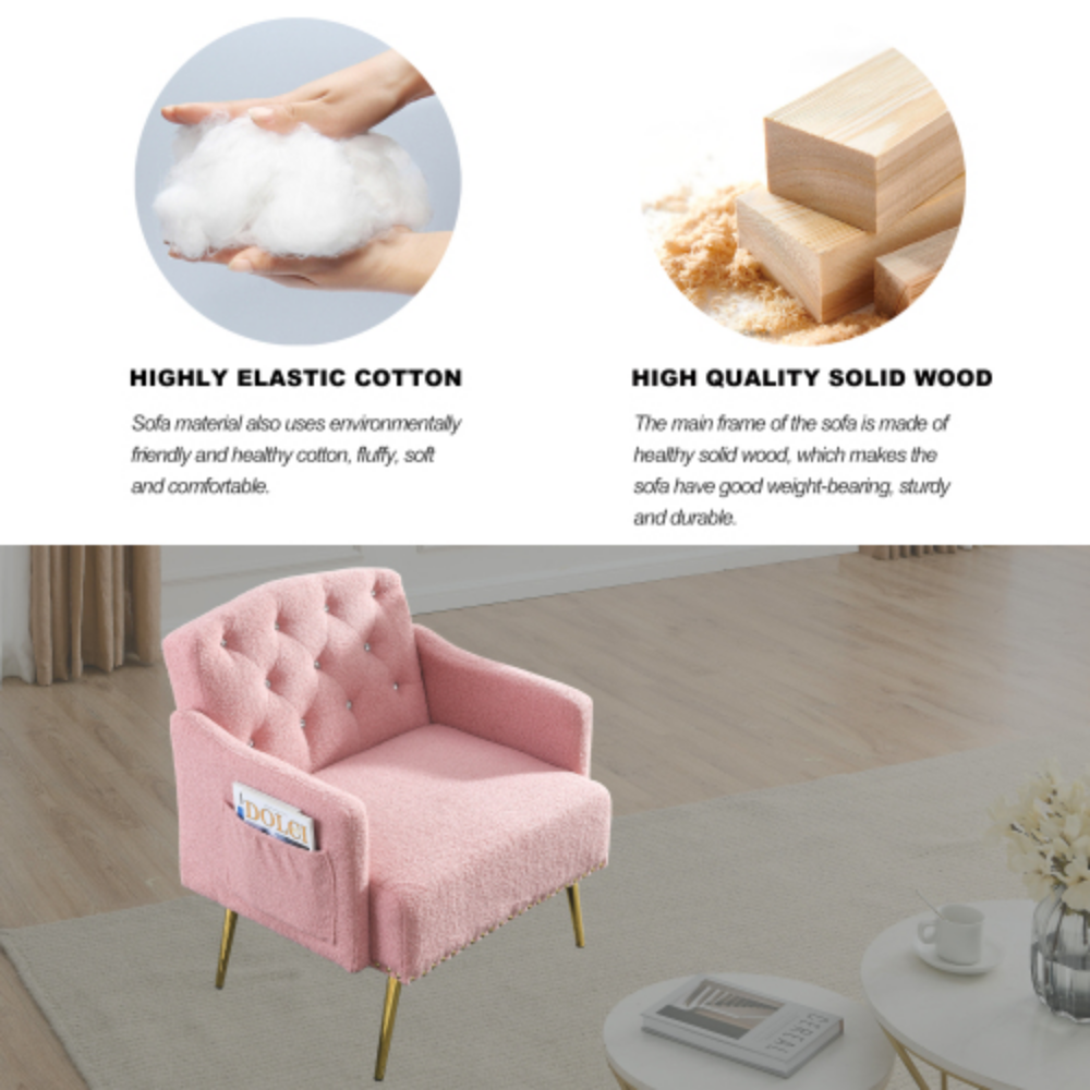 Pink Teddy Upholstered Chesterfield Chair with Gold Hardware Legs J96052
