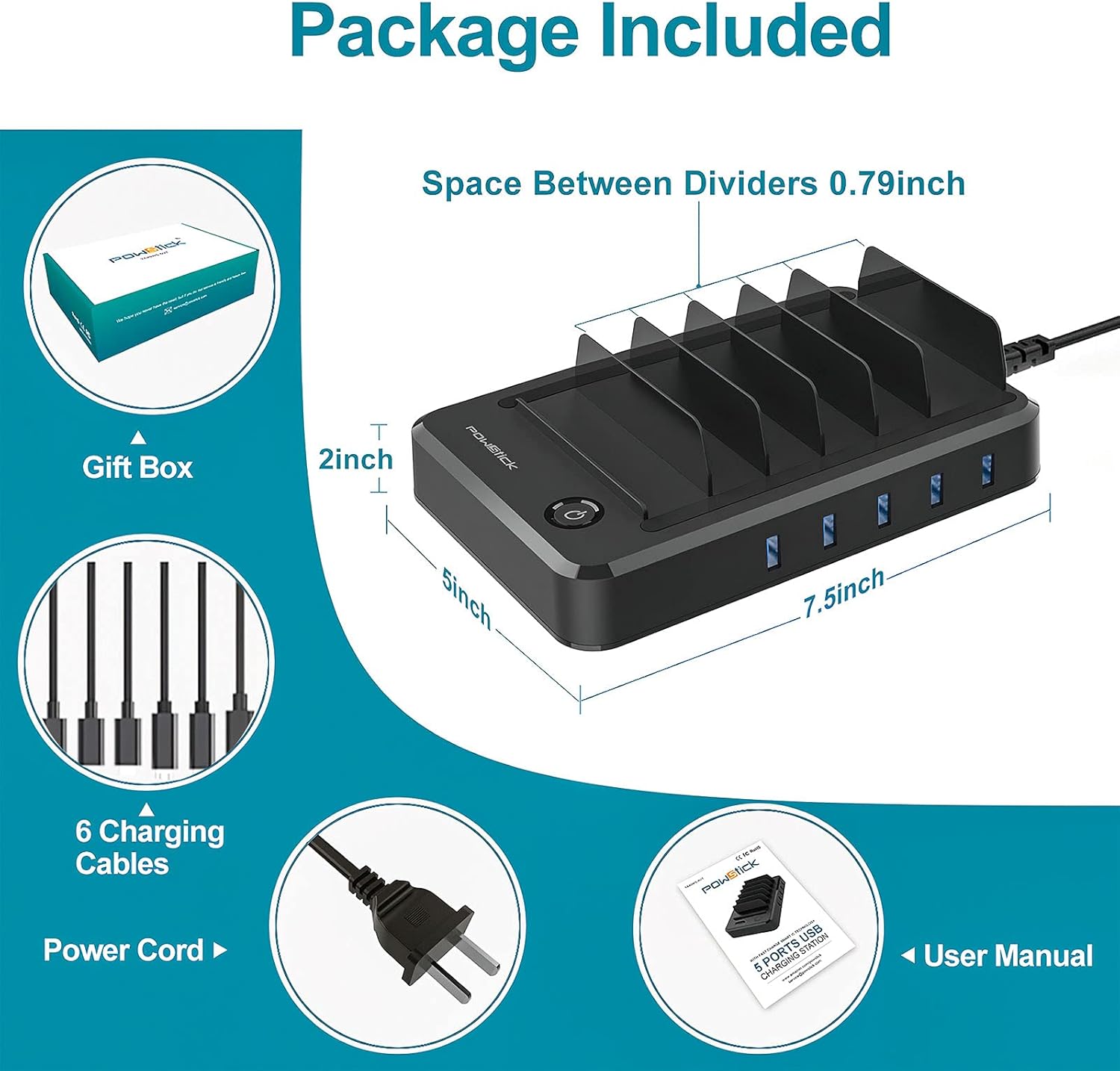 5 Ports Charging Station with 6 Mixed Charging Cables, Pack of 2 T818
