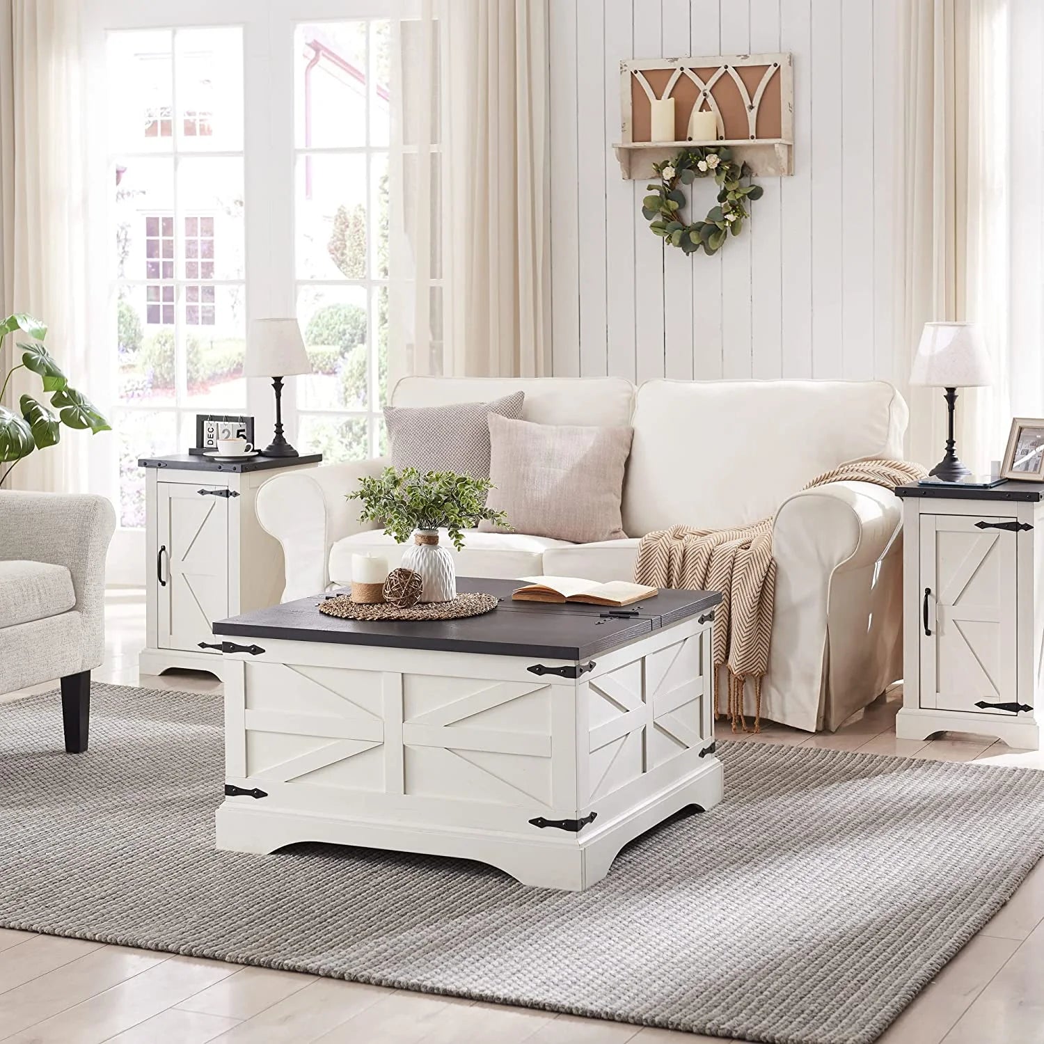 White Farmhouse Wood Nightstand with Charging Station Z30724