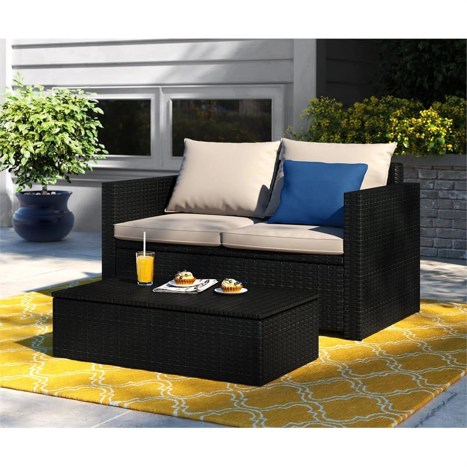 Black Wicker Outdoor Storage Sofa and Coffee Table L981473