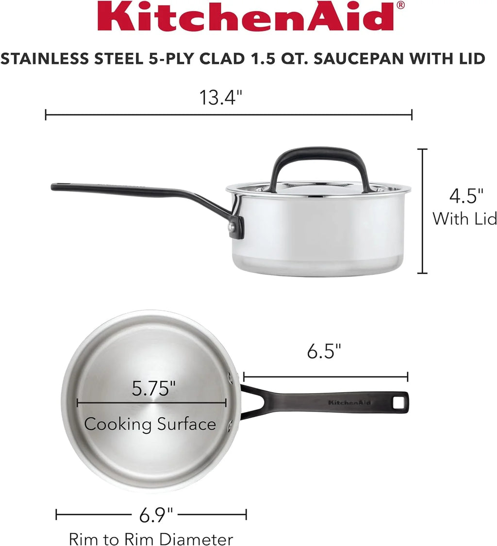 5-Ply Clad Polished Stainless Steel Saucepan with Lid, 3 Quart D509