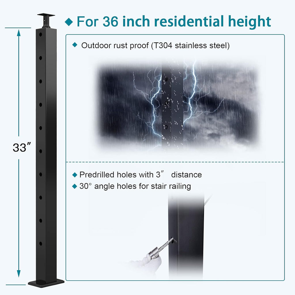 Black 30 Degree Stair Pre-Drilled Angle Holes 36x2x2 Stainless Steel Square Weldless Cable Railing Post W227866
