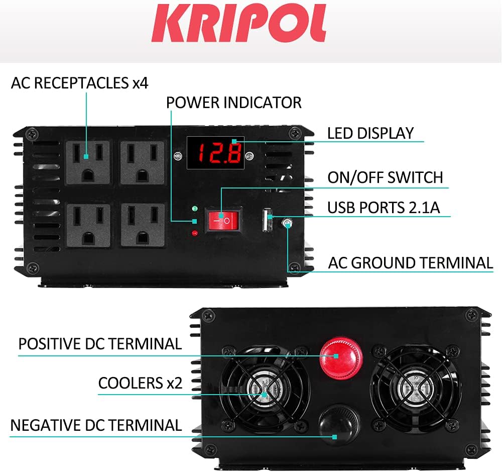 1500 Watt Pure Sine Wave Power Inverter 12V DC to 110V AC 60HZ with 4 AC Outlets and 1 USB Output L687162