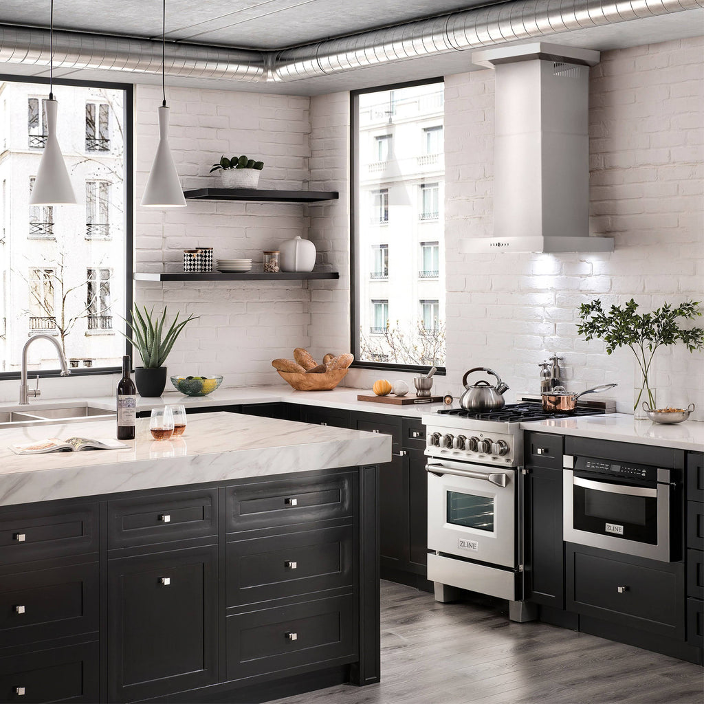 30x22 Wall Mount Range Hood in Stainless Steel with Crown Molding Y9378