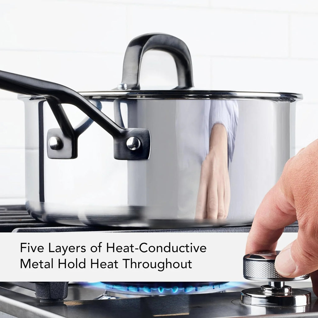 5-Ply Clad Polished Stainless Steel Saucepan with Lid, 3 Quart D509