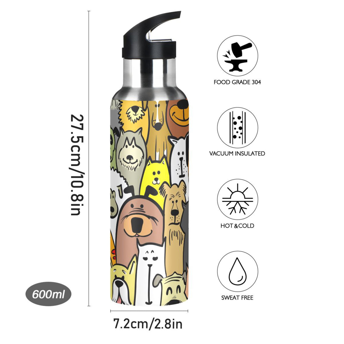 Stainless Steel Insulated Thermos Vacuum Flask Water Bottle with Straw Lid V280