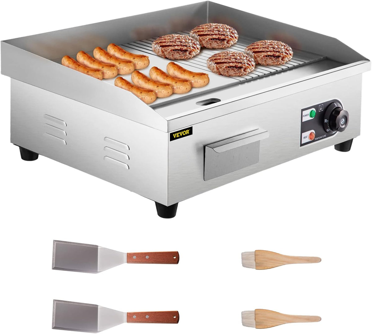 22" Commercial Electric Griddle, 1600W Flat Top Grill, Stainless Steel Countertop Griddle with Drip Hole E11477