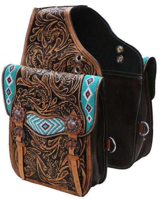 Tooled Leather Saddle Bag with Beaded Inlay V270