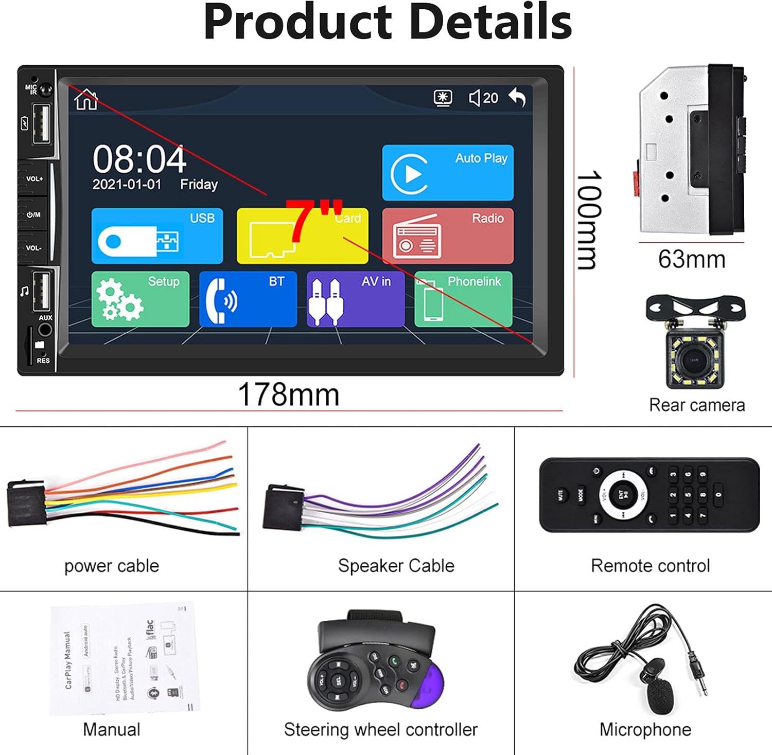 7 Inch Touch Screen Double Din Car Stereo with Bluetooth Backup Camera M3303