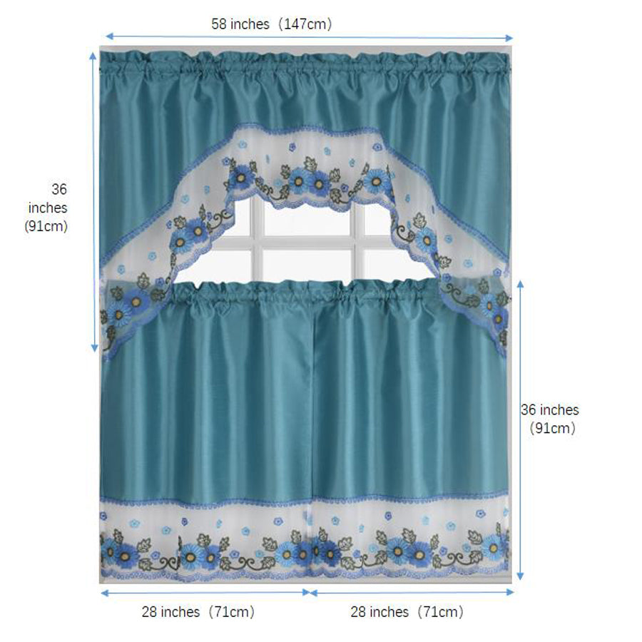 Turquoise Embroidered 3-Piece Kitchen Curtain Tiers & Swag Set, 58x36 & 28x36 inches K728920
