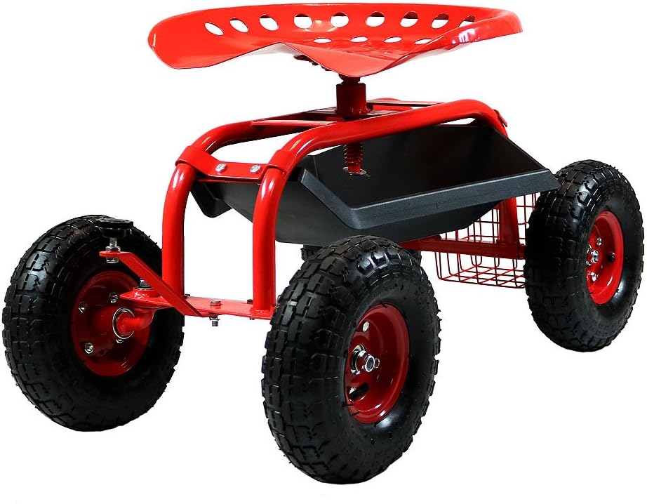 Green Rolling Gardening Chair Cart with Swivel Seat and Storage Basket I7979