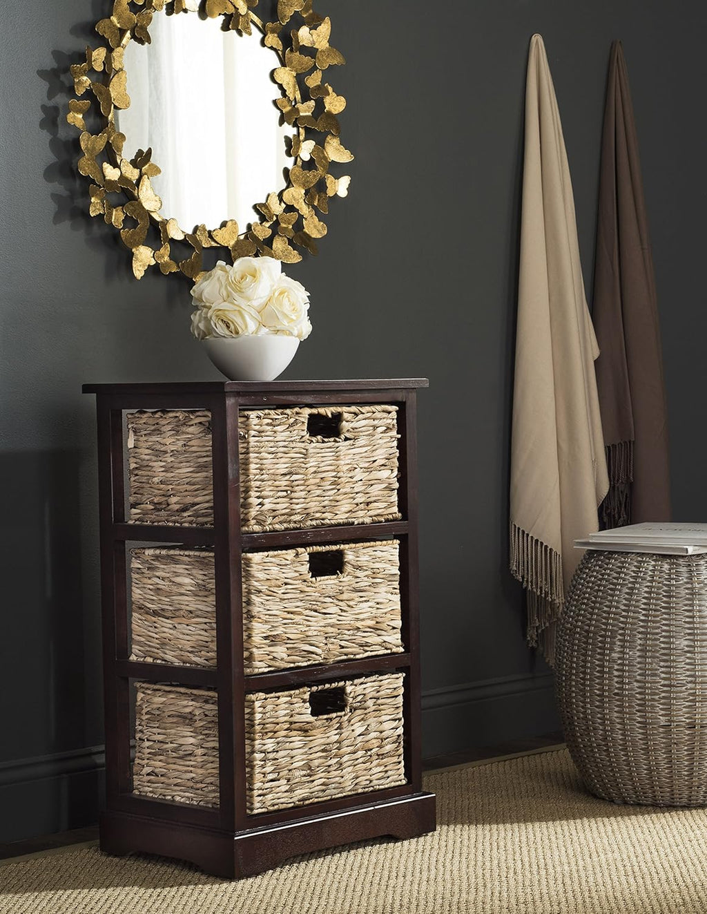 Distressed Black 3 Wicker Basket Storage Side Table C1922